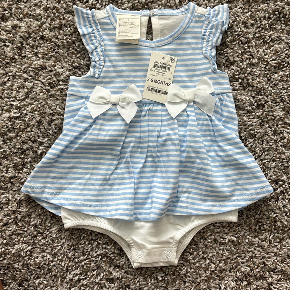 First Impression sunsuit, blue and white, size 3-6 mos
